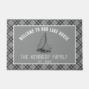 Rustic Gray Plaid Family Lake House Welcome Doormat