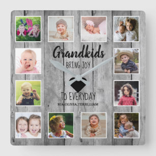 Rustic Gray Wood 12 Photo Collage Grandkids Quote Square Wall Clock