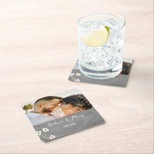 Rustic Gray Wood Custom Photo Wedding Coaster