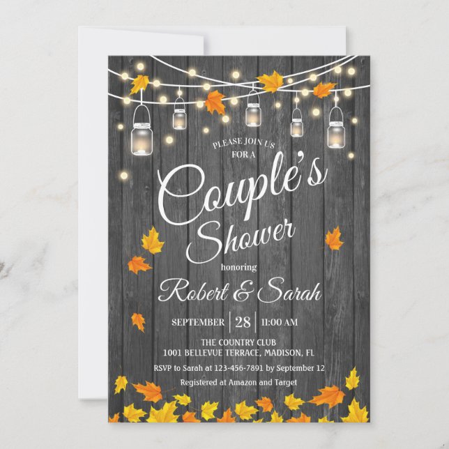 Rustic Gray Wood Leaves Couple's Shower Invitation (Front)