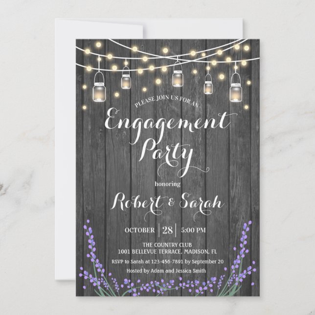 Rustic Gray Wood Lights Lavender Engagement Party Invitation (Front)