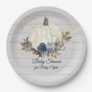 Rustic Gray Wood Navy Floral Pumpkin Baby Shower Paper Plate