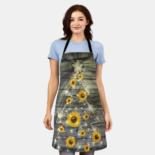 Rustic Gray Wood Sunflower Christmas Tree Holiday Apron