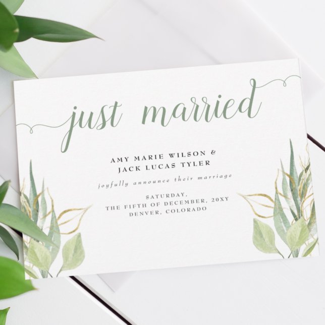 Rustic Green Airy Botanical Wedding Announcement Postcard (Creator Uploaded)