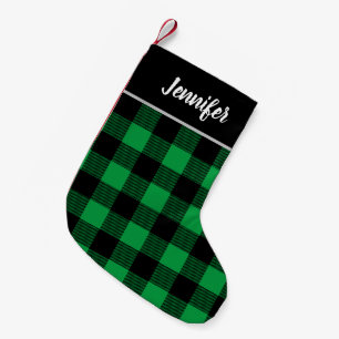 Rustic Green and Black Buffalo Check Monogram Small Christmas Stocking
