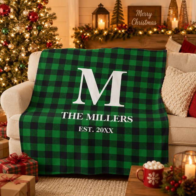 Rustic Green and Black Buffalo Plaid Monogram  Fleece Blanket (Rustic Green and Black Buffalo Plaid Monogram Fleece Blanket)