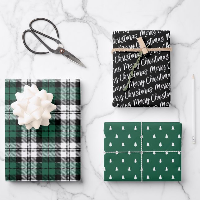 Rustic Green and Black Watch Plaid Merry Christmas Wrapping Paper Sheet (Front)