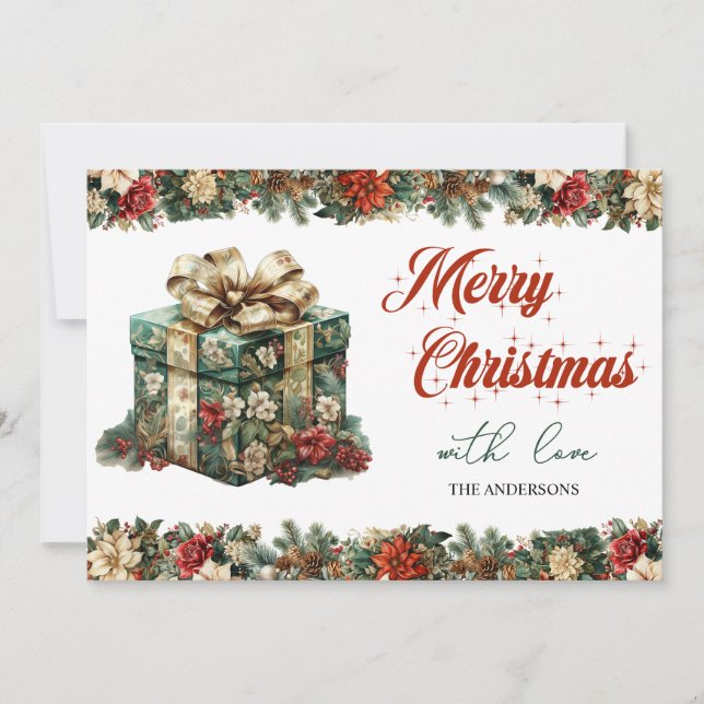 Rustic green and gold elegant Christmas present Holiday Card (Front)