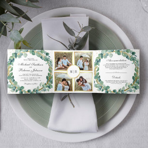 Rustic Green and Gold Eucalyptus Wreath Wedding Tri-Fold Invitation