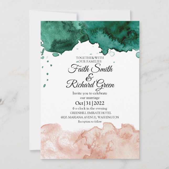 Rustic Green and Pink Fall Wedding Invitations (Front)