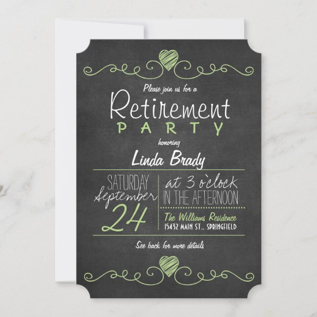 Rustic Green and White Chalkboard Retirement Party Invitation (Front)