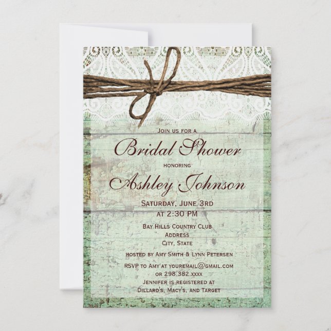 Rustic Green Barn Wood Bridal Shower Invitations (Front)