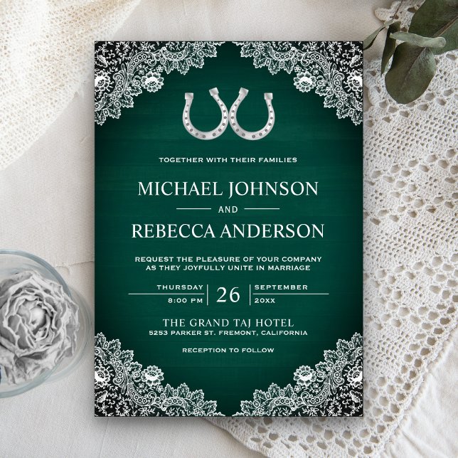 Rustic Green Barn Wood Horseshoe Lace Wedding Invitation (Creator Uploaded)