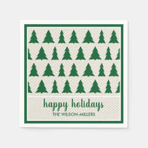 Rustic Green Beige Tree Pattern Name Holiday Party Napkin