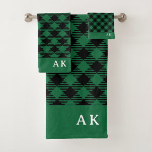 Rustic Green Black Buffalo Check Monogram Bath Towel Set