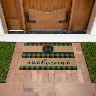 Rustic Green Black Buffalo Check Plaid Pattern Doormat