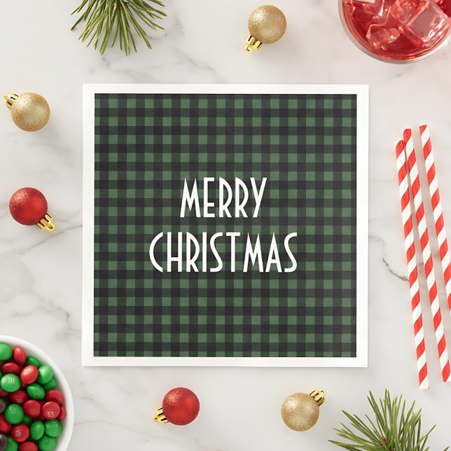 Rustic Green & Black Buffalo Plaid Merry Christmas Napkin (Creator Uploaded)