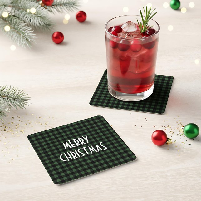 Rustic Green & Black Buffalo Plaid Merry Christmas Square Paper Coaster (Creator Uploaded)