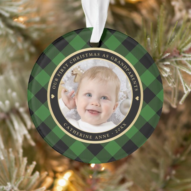 Rustic Green Black Plaid First Grandparents Photo Ornament (Tree)