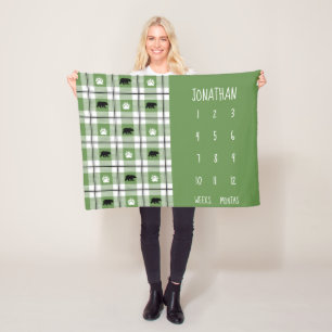 Rustic Green Black & White Bear Flannel Pattern Fleece Blanket