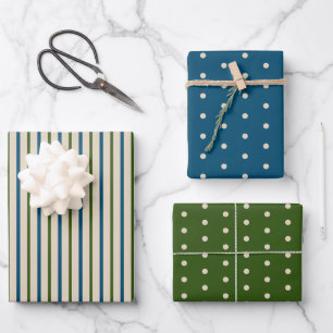 Rustic Green Blue Cream Polka Dots and Stripes Wrapping Paper Sheet