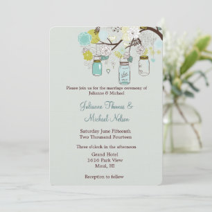 Rustic Green Blue Green Mason Jars Flowers Wedding Invitation