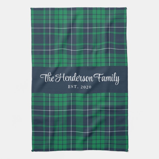 Rustic Green Blue Plaid Family Name Tea Towel (Vertical)