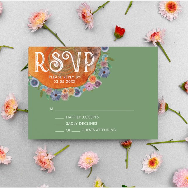 Rustic Green Boho Watercolor Wildflower Wedding RSVP Card (Front)