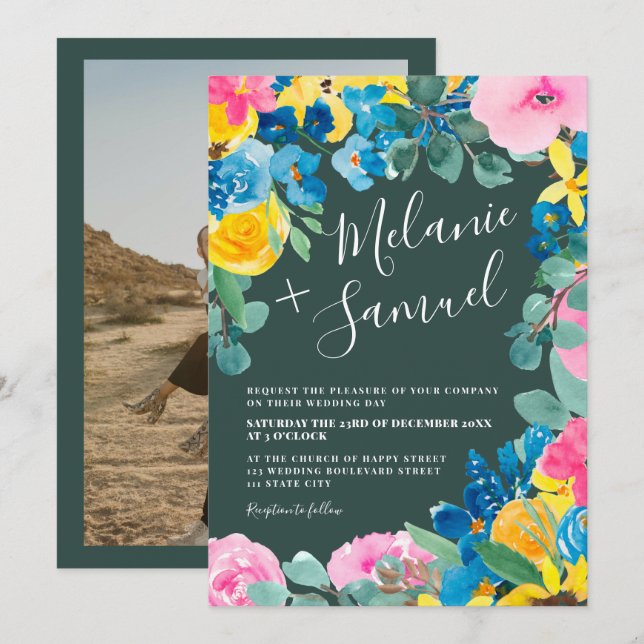 Rustic green bold summer floral photo wedding invitation (Front/Back)