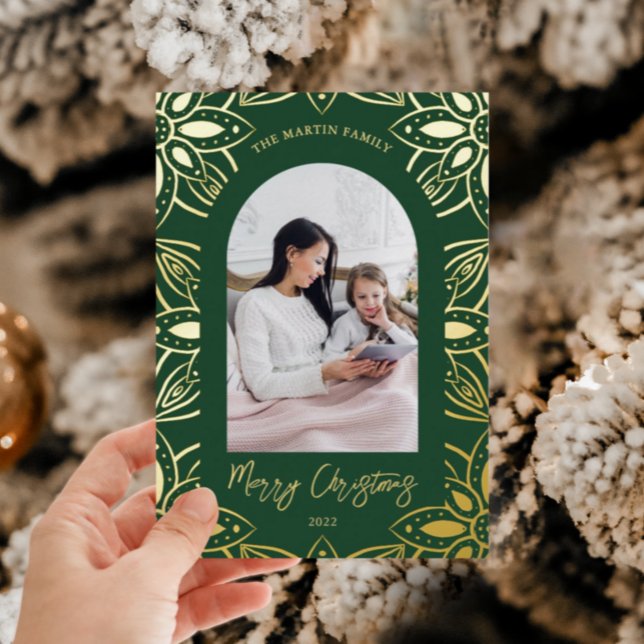 Rustic Green Botanical Frame Photo Christmas Foil Holiday Card (Creator Uploaded)