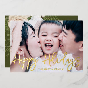 Rustic Green Botanical Full Photo Christmas Foil Holiday Card