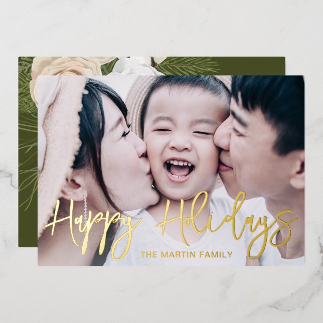 Rustic Green Botanical Full Photo Christmas Foil Holiday Card (Front/Back)