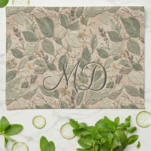 Rustic Green Botanical Leaf Pattern Tea Towel