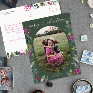 Rustic Green Botanicals Merry Christmas Photo Holiday Postcard