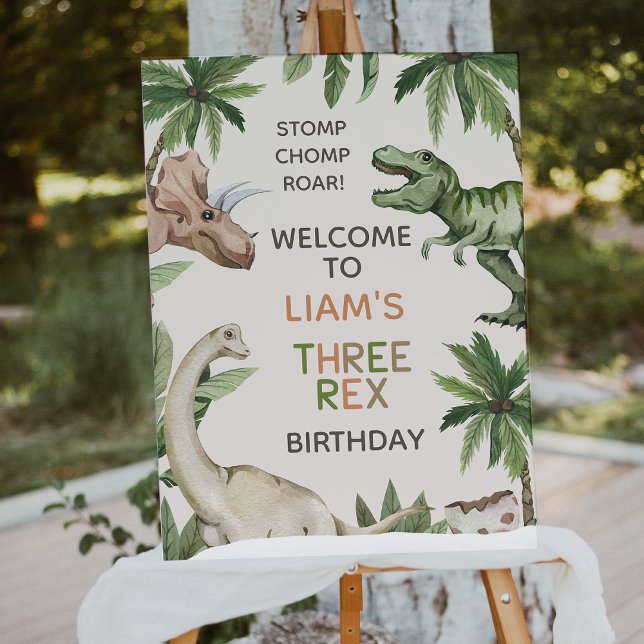 Rustic Green Boys Dinosaur Birthday Welcome Sign (Three Rex Birthday Welcome Poster, Three Rex Birthday Party Welcome Sign, Boys Dinosaur 3rd Birthday)