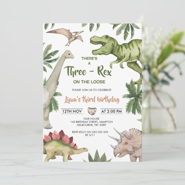 Rustic Green Brown Dinosaur Three-Rex Birthday Invitation (Standing Front)