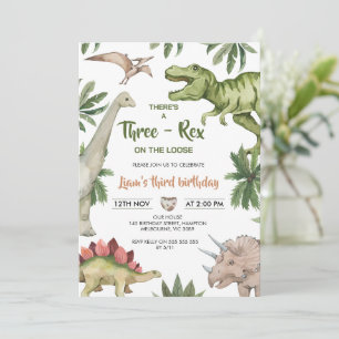 Rustic Green Brown Dinosaur Three-Rex Birthday Invitation