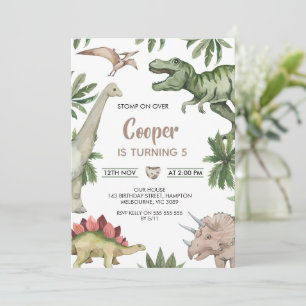 Rustic Green Brown Stomp On Over Dinosaur Birthday Invitation