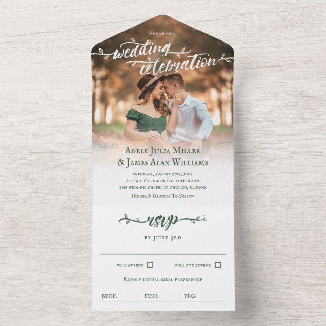 Rustic Green Brush Script Photo Wedding All In One Invitation (Inside)