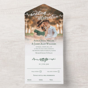 Rustic Green Brush Script Photo Wedding All In One Invitation