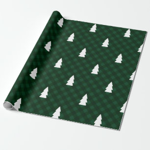 Rustic Green Buffalo Check & White Trees Wrapping Paper