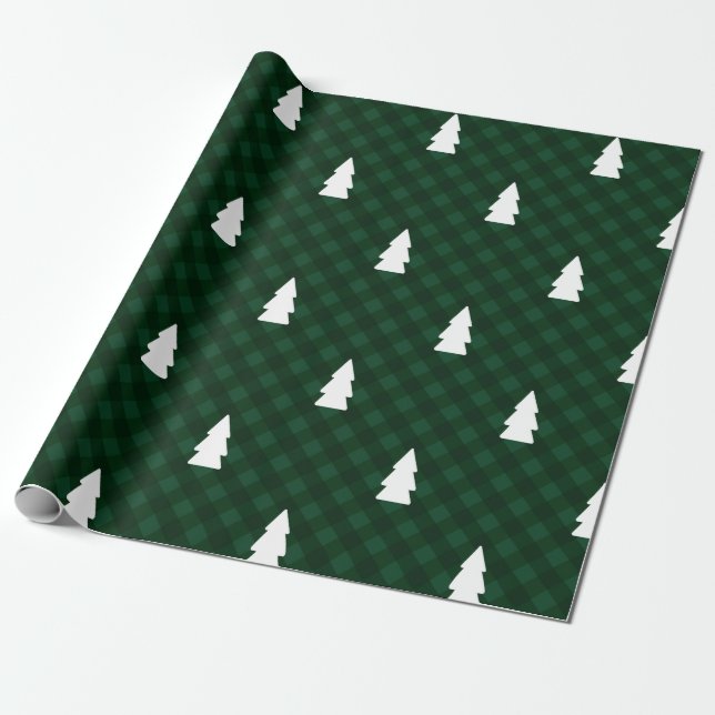 Rustic Green Buffalo Check & White Trees Wrapping Paper (Unrolled)