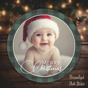 Rustic Green Buffalo Plaid Merry Christmas Photo Classic Round Sticker