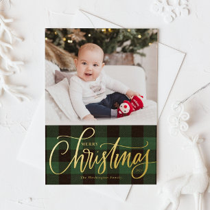 Rustic Green Buffalo Plaid Merry Christmas Photo Foil Holiday Card