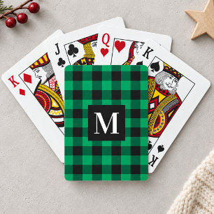 Rustic Green Buffalo Plaid Monogram Photo Playing Cards