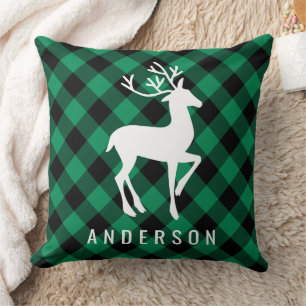 Rustic Green Buffalo Plaid Reindeer Monogram Cushion