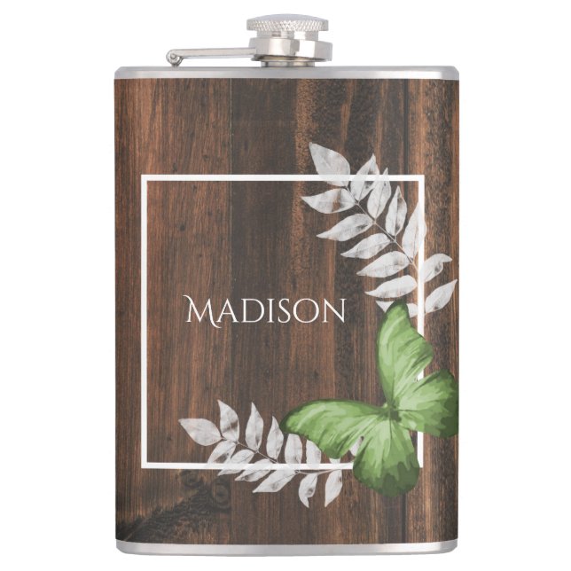 Rustic Green Butterfly Flask (Front)
