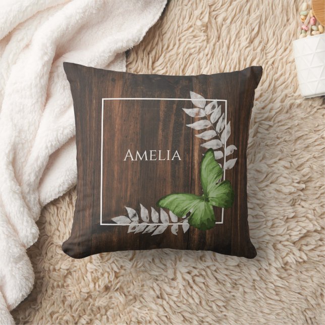 Rustic Green Butterfly Throw Pillow (Blanket)
