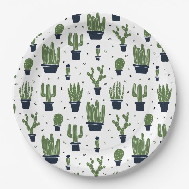 Rustic Green Cactus Desert Pattern Paper Plate (Front)