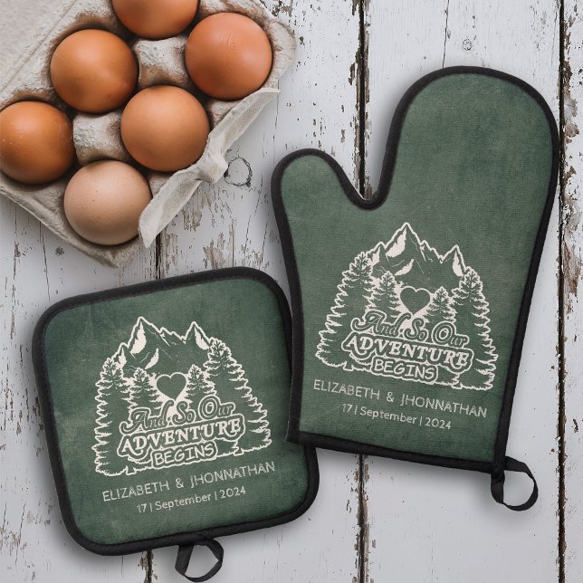 Rustic Green Chalkboard White Adventure Begins  Oven Mitt & Pot Holder Set (Creator Uploaded)